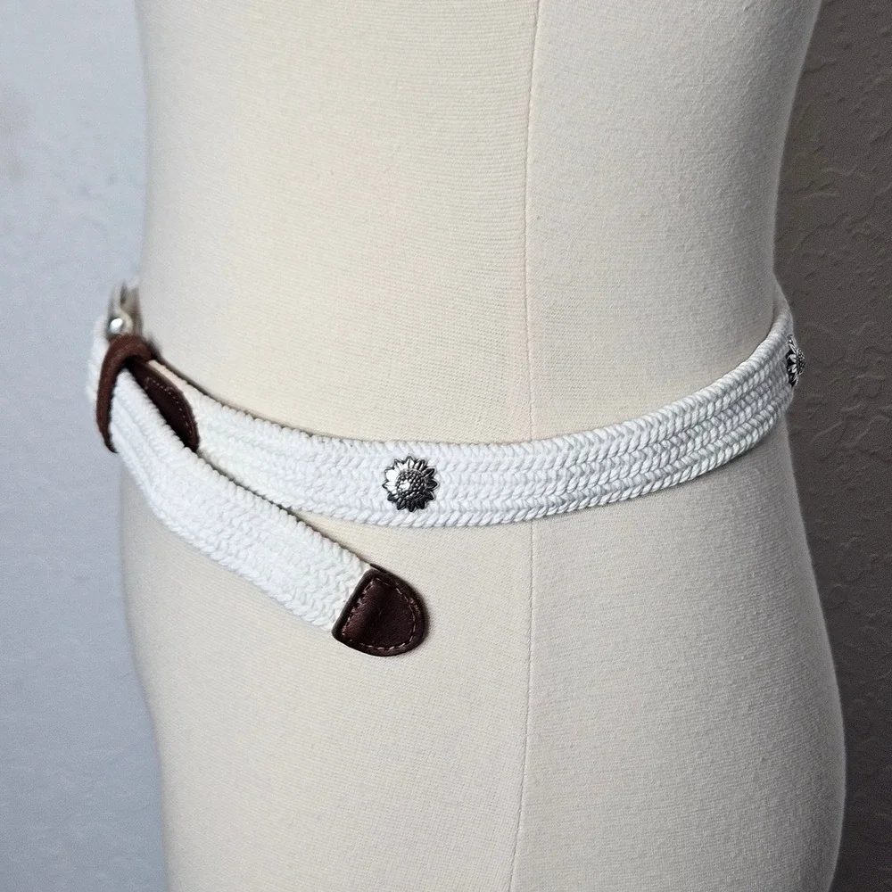 Fossil Women's Braided Cord Belt White Brown Leather Sunflower Concho S M